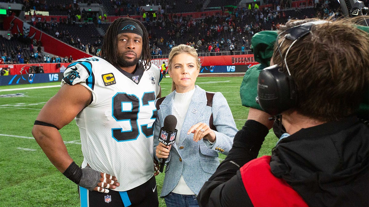 Gerald McCoy talks to a reporters as a member of the Panthers