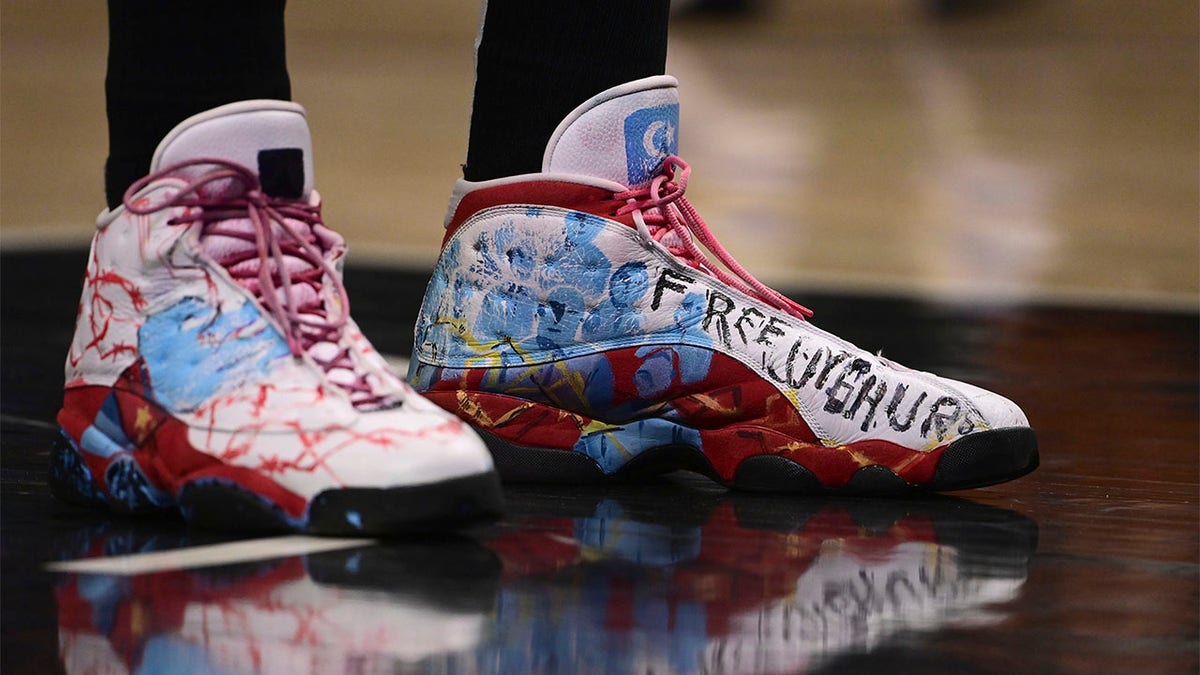 Basketball: Boston Celtics Enes Kanter Freedom's sneakers on court during game vs Los Angeles Clippers at Staples Center.