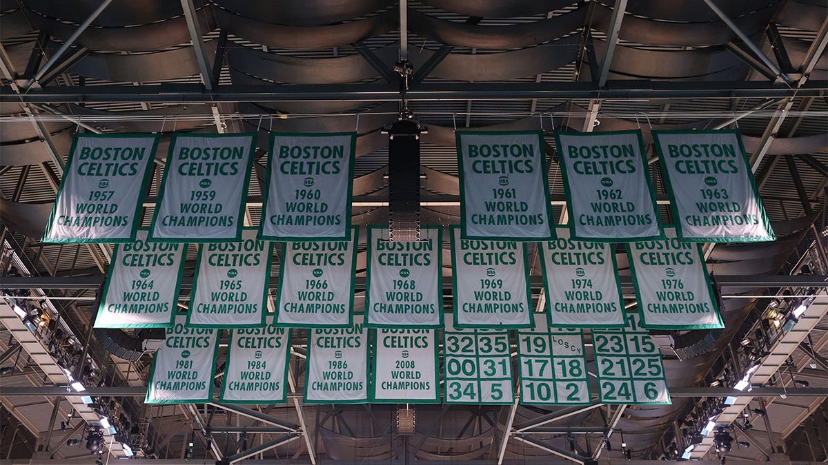 A view of the Celtics championship banners