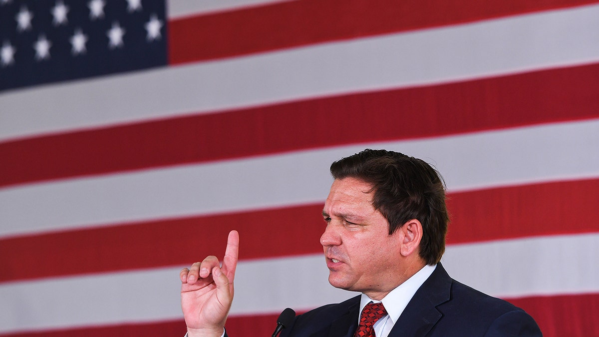 DeSantis in front of an American flag