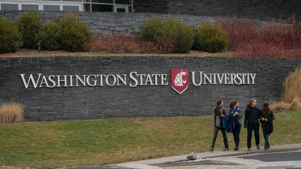 Pedestrians exit Washington State University