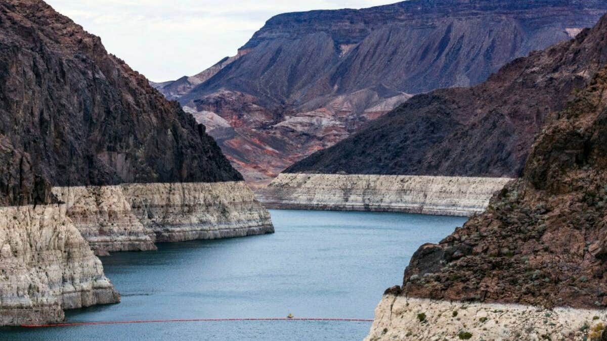 The bathtub ring on Lake Mead is pictured in December 2022 in Boulder City, Nevada.