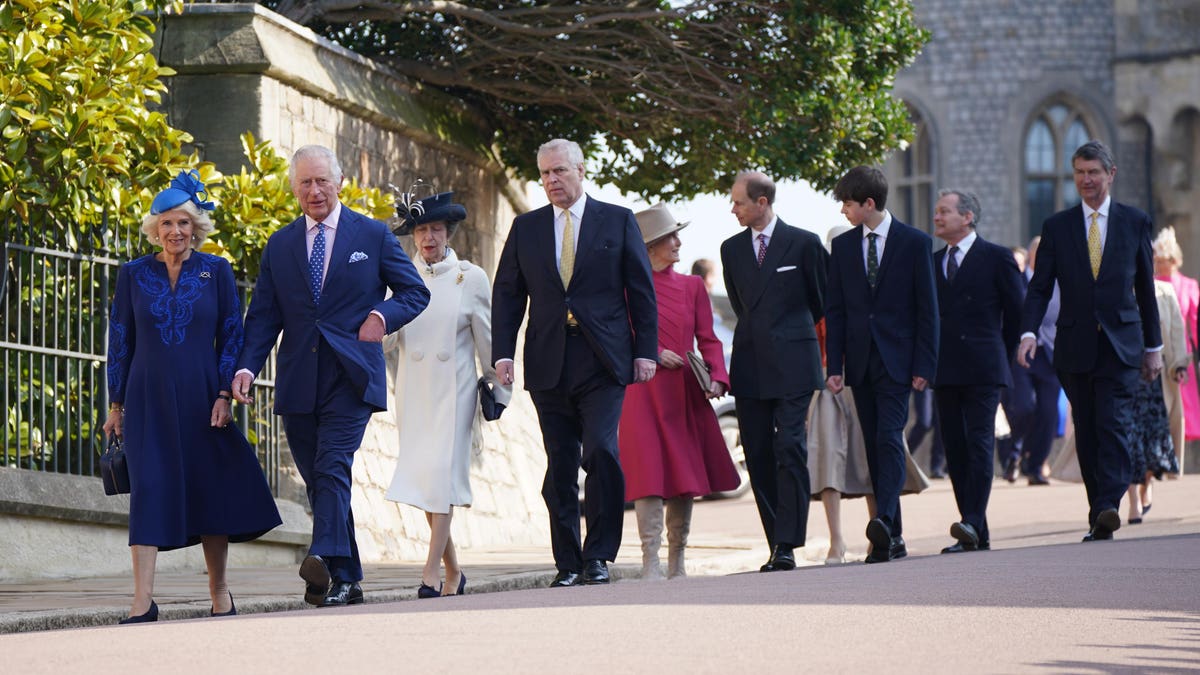 Queen Consort Camila, King Charles III and other members of the royal family walk to church