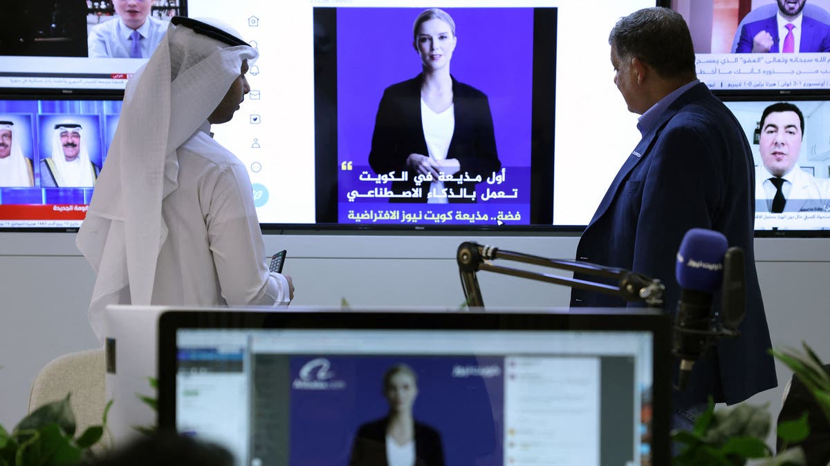 "Fedha," an AI-generated news anchor created for the Kuwait News service, is depicted on a screen.