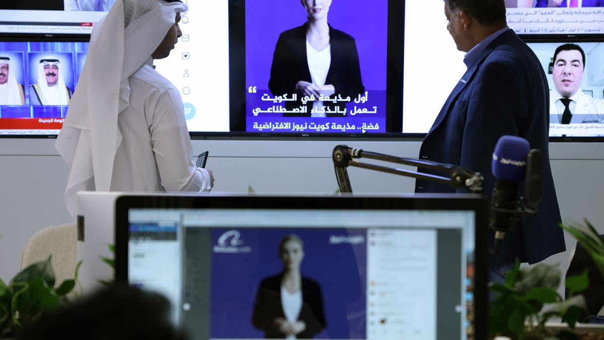 "Fedha," an AI-generated news anchor created for the Kuwait News service, is depicted on a screen.