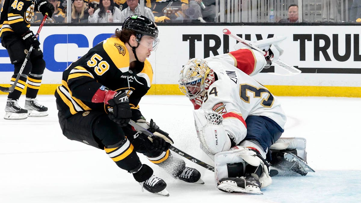 Tyler Bertuzzi takes a shot on goalie Alex Lyon