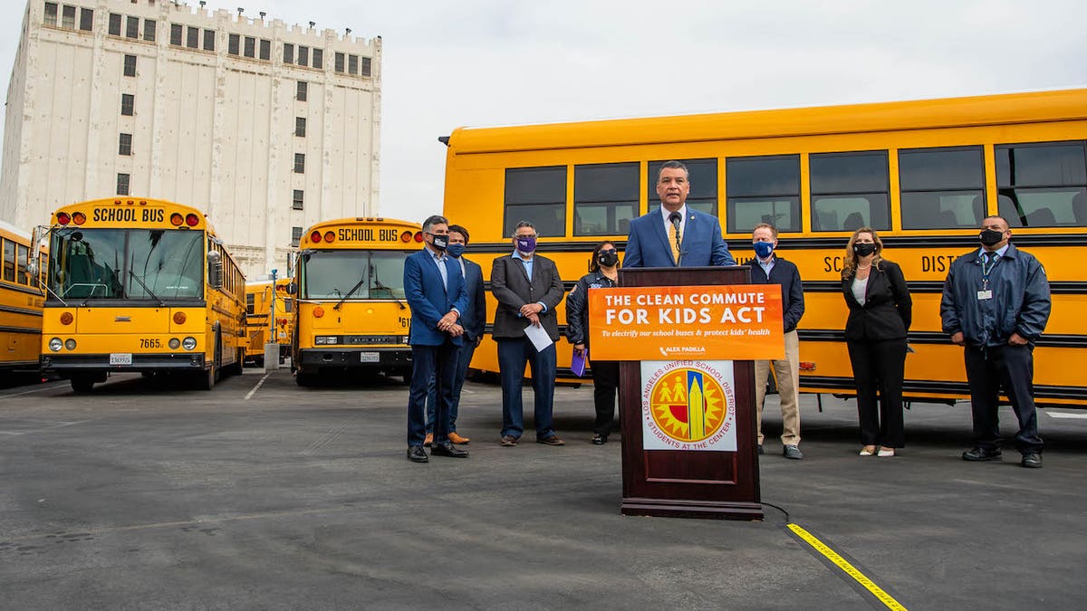 LOS ANGELES, CA - MAY 06: "u201cI can still smell the diesel exhaust,"u201d says U.S. Sen. Alex Padilla of his time riding LAUSD school buses during a news conference in front of a LAUSD electric school bus on transitioning America"u2019s school bus fleet to electric buses on Thursday, May 6, 2021 in Los Angeles. Padilla and Rep. Tony Cárdenas have legislation, Clean Commute for Kids Act, that would invest $25 billion to replace diesel buses with electric buses. (Photo by Sarah Reingewirtz, Los Angeles Daily News/SCNG)