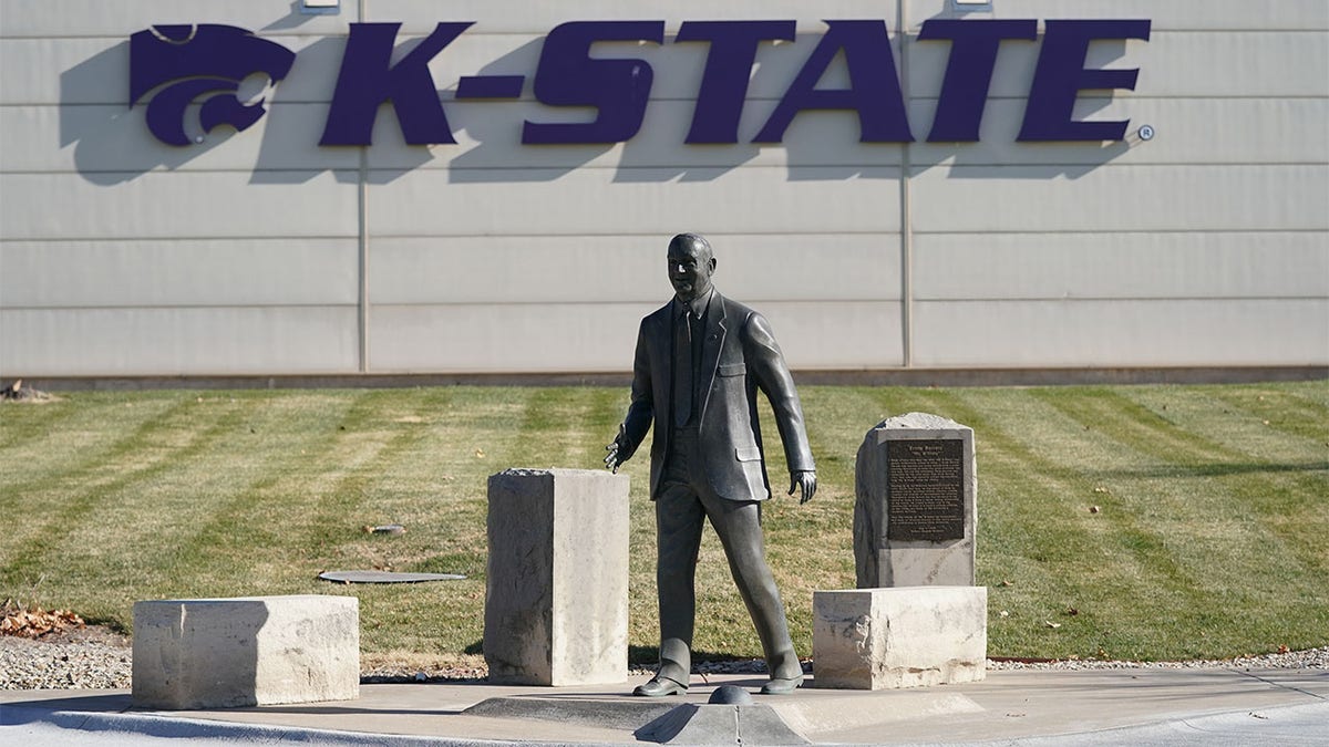 Ernie Barrett statue outside of Bramlage Coliseum