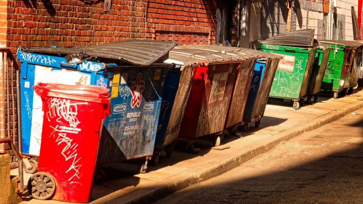 Trash bins in an alley, Philadelphia, Pennsylvania.