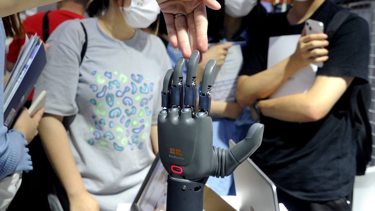 A robotic hand is pictured at a Chinese AI conference at the Shanghai World Expo Center.