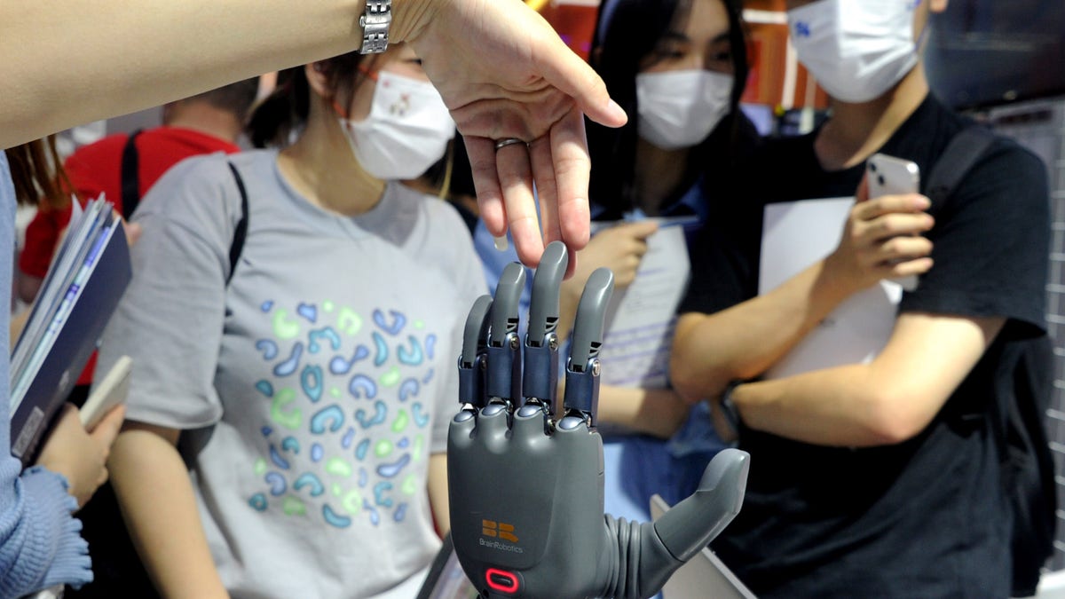 A robotic hand is pictured at a Chinese AI conference at the Shanghai World Expo Center.