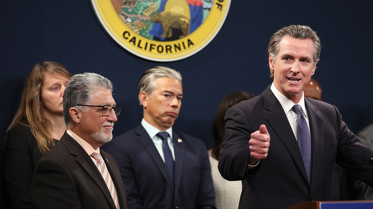 Newsom and Bonta at unrelated press conference
