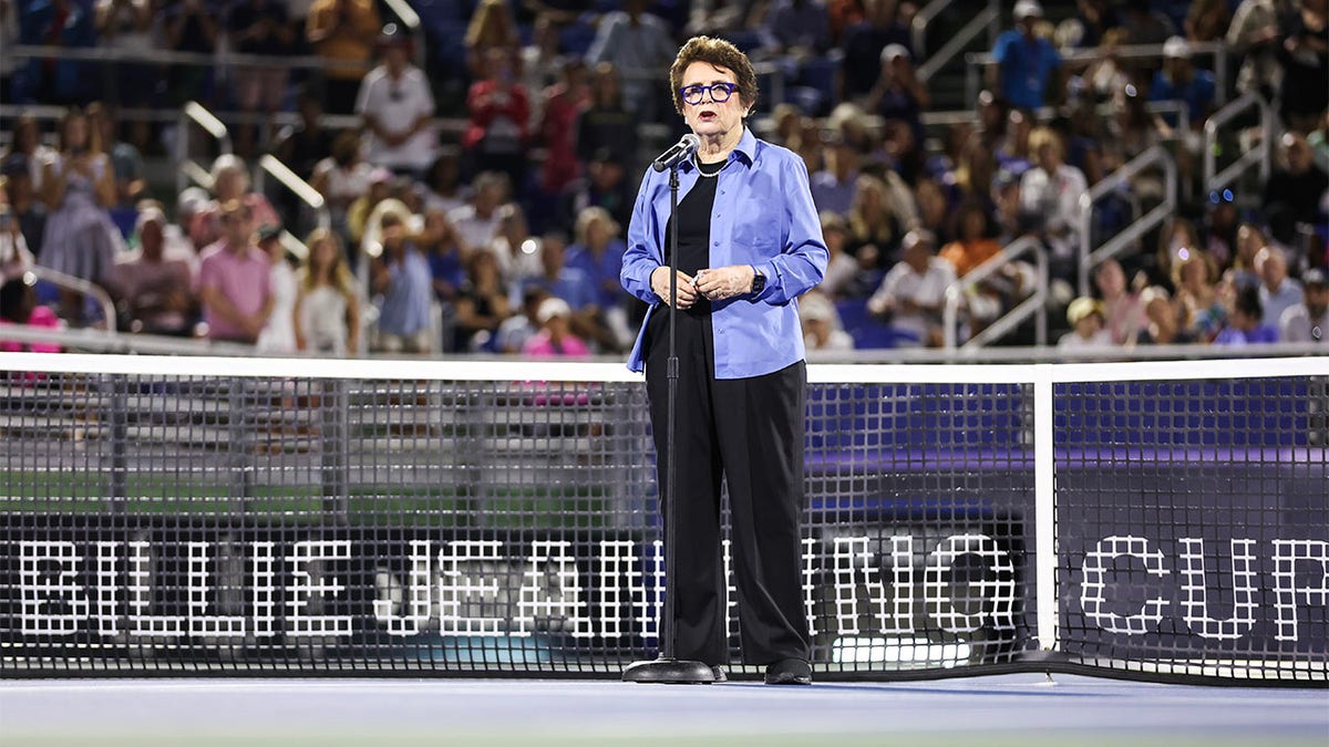 Billie Jean King speaks before the Billie Jean King Cup