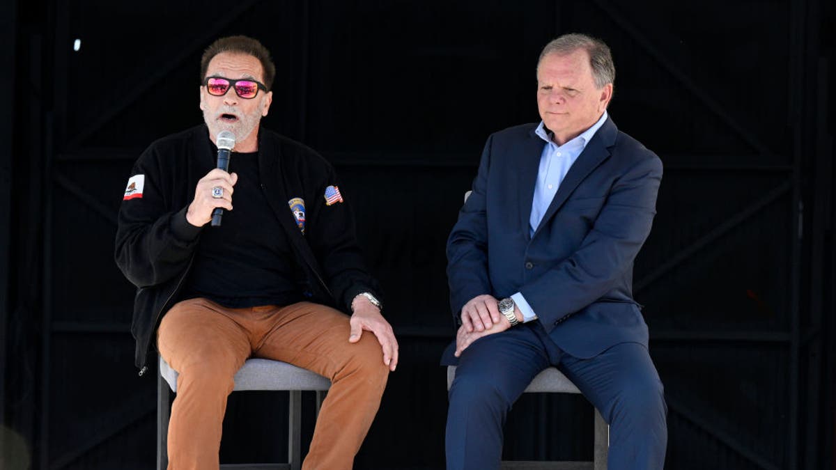 Former Governor of California Arnold Schwarzenegger, and Terry Tamminen, President/CEO of AltaSea speak at the celebration of the 4-acre solar rooftop on the AltaSea warehouse at the Port of Los Angeles in San Pedro