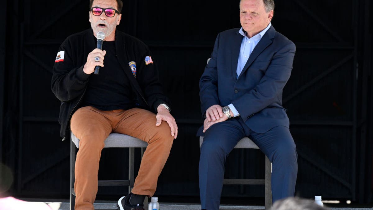 Former Governor of California Arnold Schwarzenegger, and Terry Tamminen, President/CEO of AltaSea speak at the celebration of the 4-acre solar rooftop on the AltaSea warehouse at the Port of Los Angeles in San Pedro