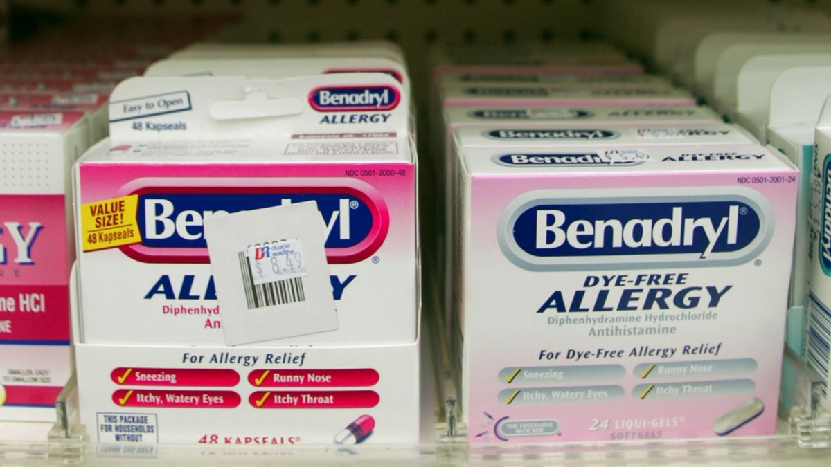 Benadryl tablet packs on a store shelf