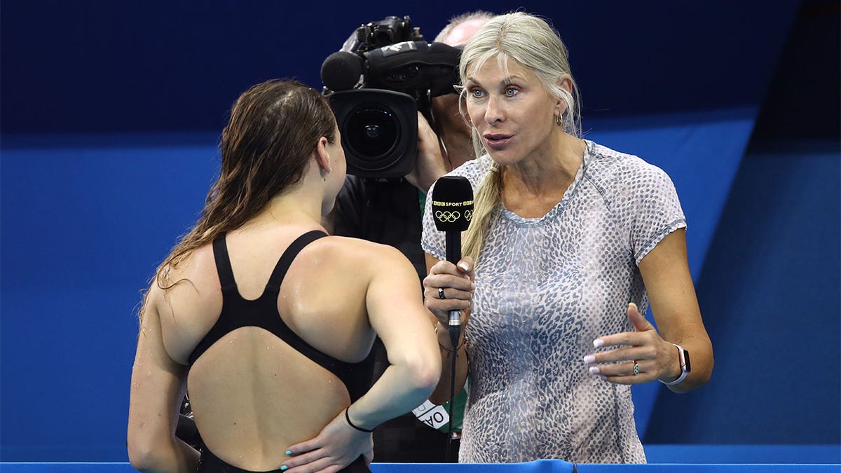 Sharron Davies interviews a swimmer at the 2016 Olympics