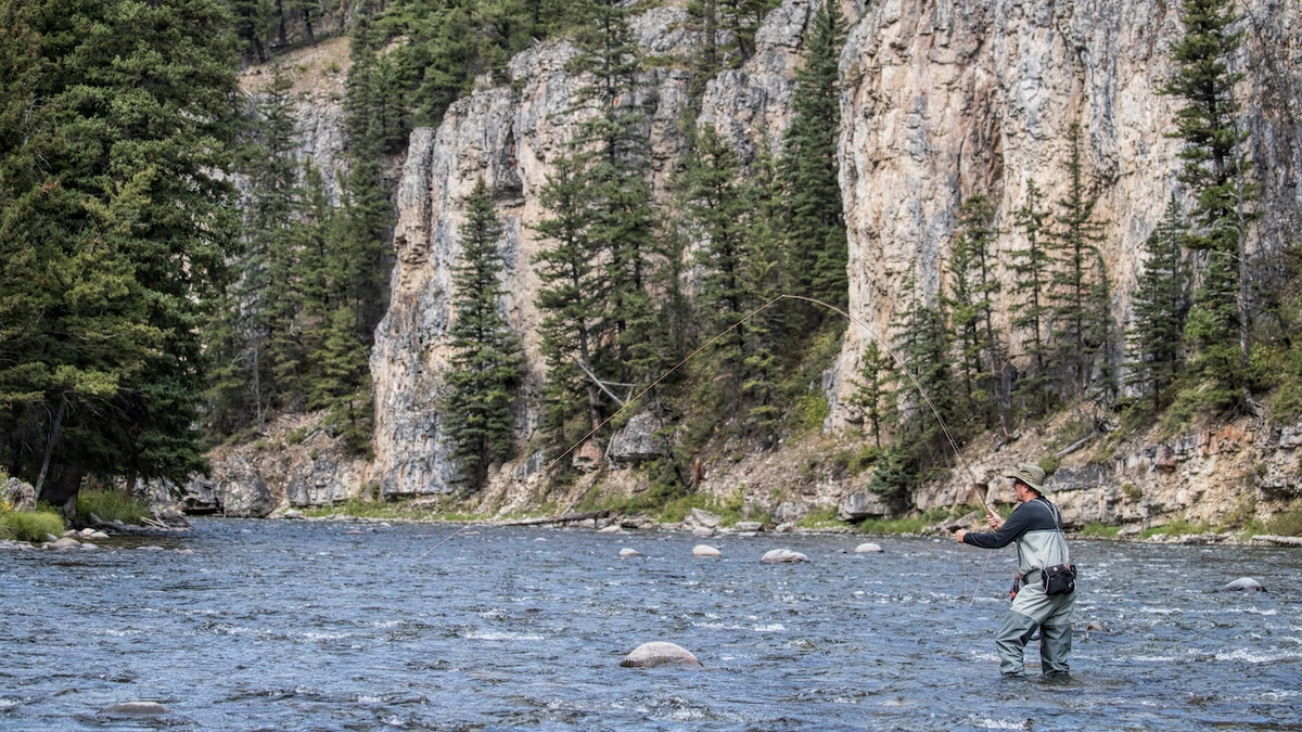 Fishing: Scenic view of angler in action using Montana Hook Up technique on the Gallatin River. Bozeman, MT 9/9/2017 CREDIT: David E. Klutho (Photo by David E. Klutho /Sports Illustrated/Getty Images) (Set Number: X161376 TK1 )