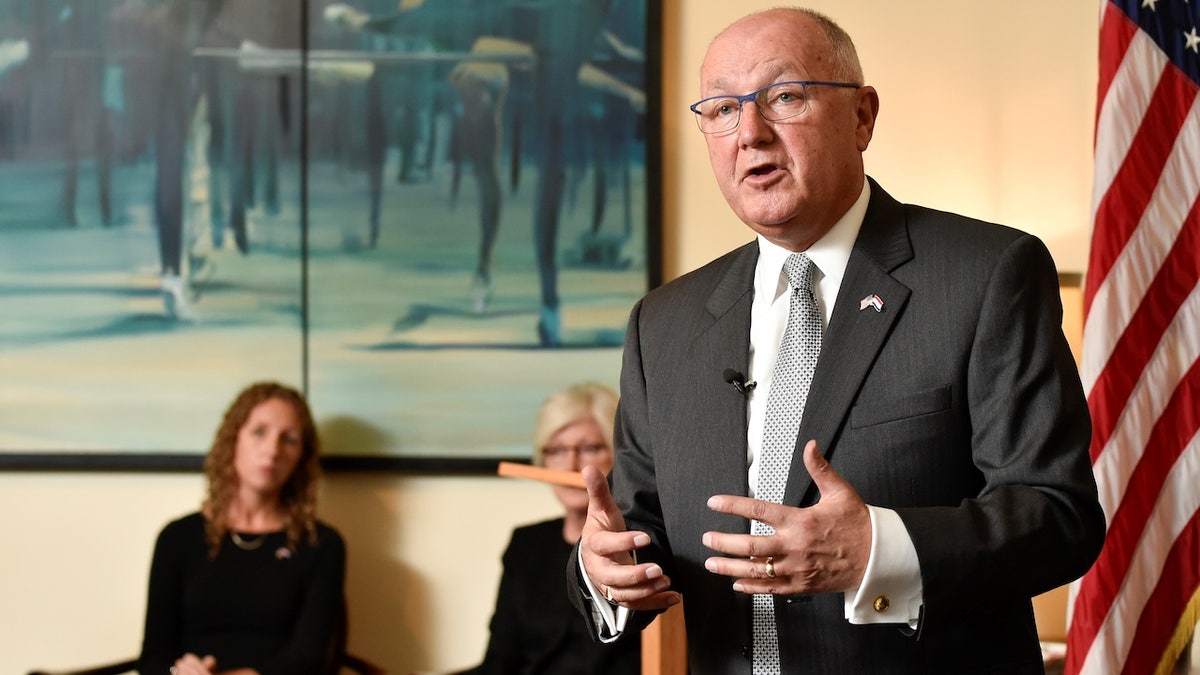 US Ambassador to The Netherlands, Peter Hoekstra gestures as he speaks during a press conference at the US embassy, in The Hague, on January 10, 2018 after presenting his diplomatic credentials to The Netherlands' King. (Photo by JOHN THYS / AFP) (Photo by JOHN THYS/AFP via Getty Images)