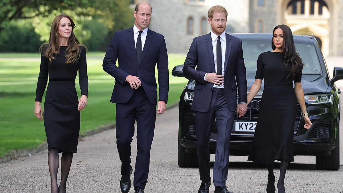 Kate Middleton, Prince William, Prince Harry and Meghan Markle wearing black with a car behind them