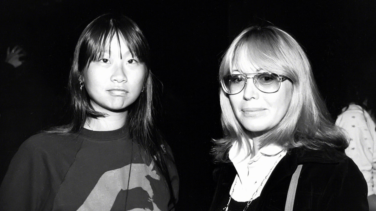 May Pang and Cynthia Lennon looking at the camera in a black and white photo