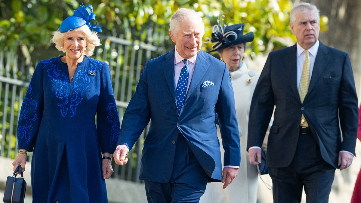 King Charles III, Camilla, Queen Consort, Princess Anne, Princess Royal and Prince Andrew, Duke of York leaving church wearing Easter fashion