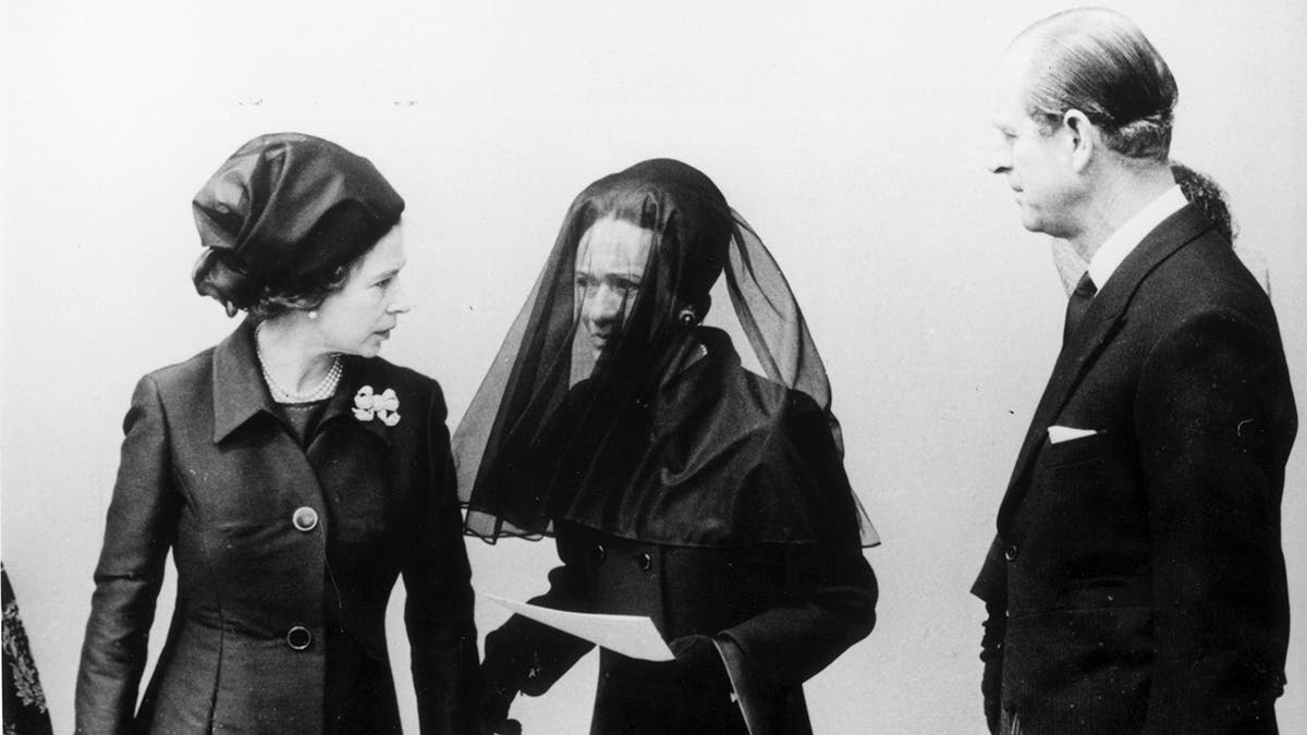 Queen Elizabeth, Wallis Simpson and Prince Philip in funeral attire