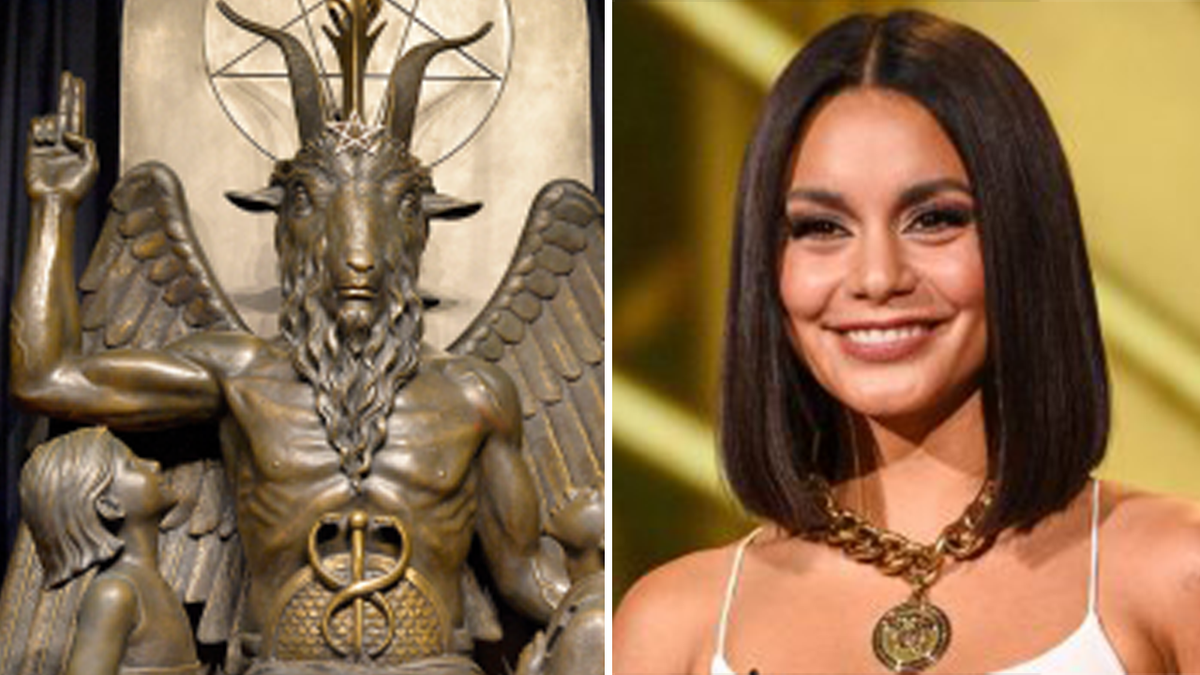 Hudgens next to picture of demon