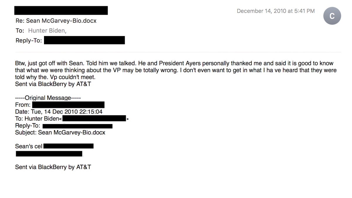 Hunter Biden and Chuck Harple exchange emails in December 2010.