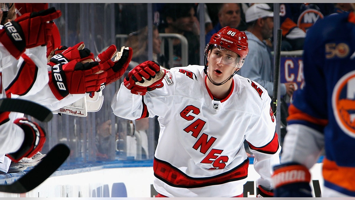 Martin Necas celebrates goal