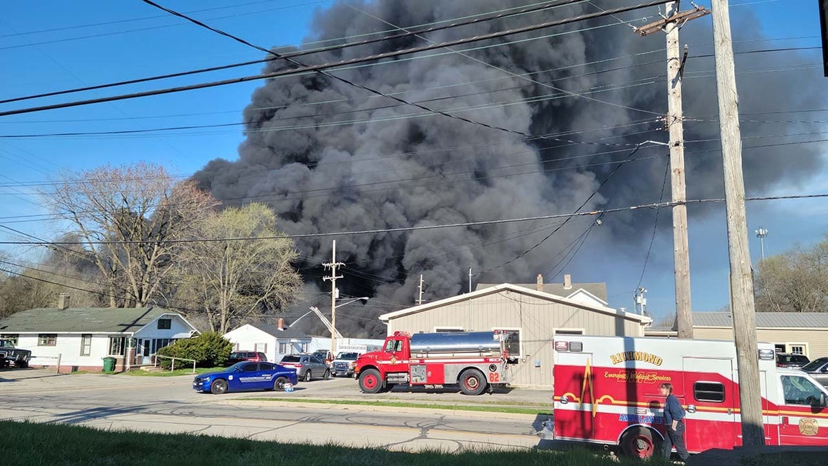 Smoke billows into the air from a recycling plant fire in Richmond Indiana