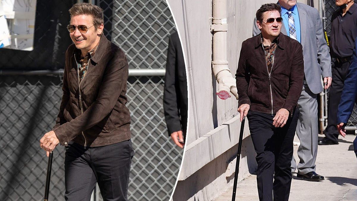 Jeremy Renner walking with a cane