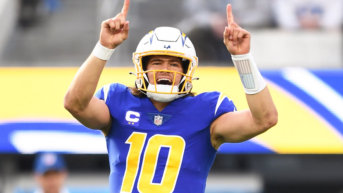 Justin Herbert celebrates