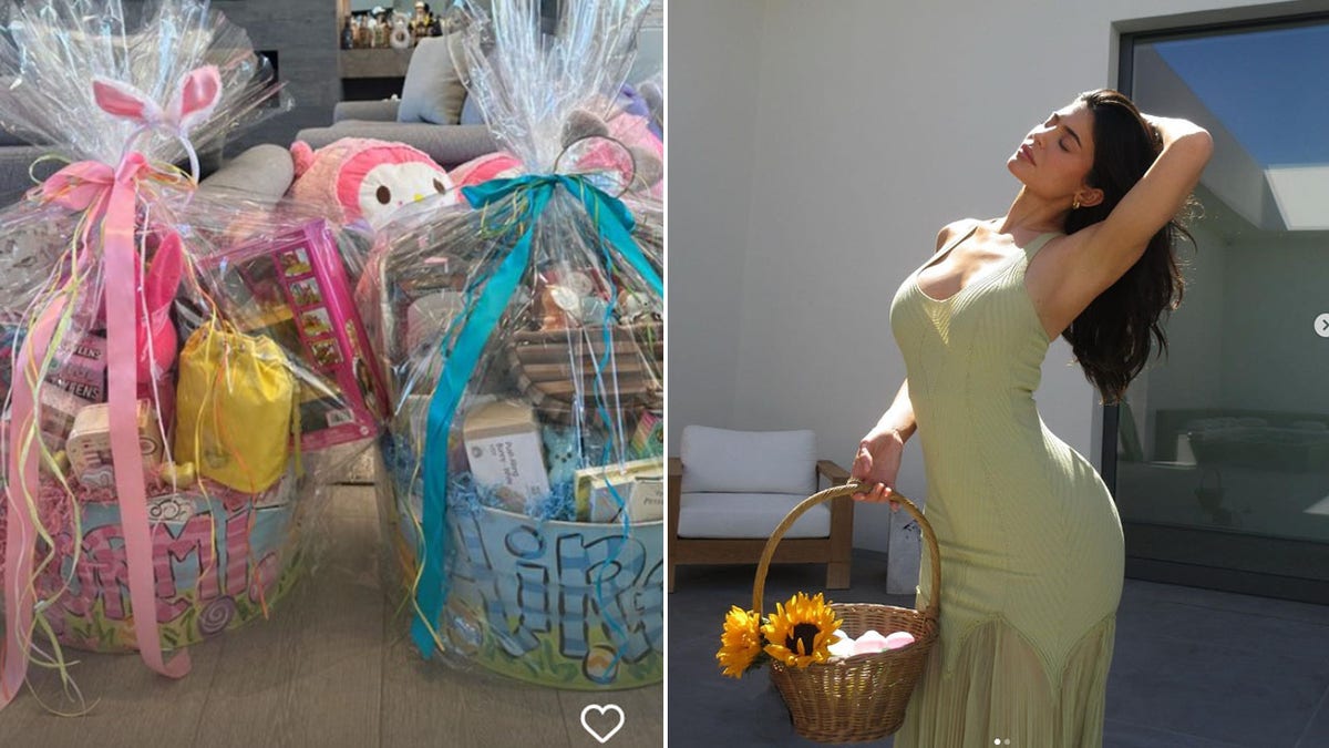 Easter baskets and Kylie Jenner posing in a green dress