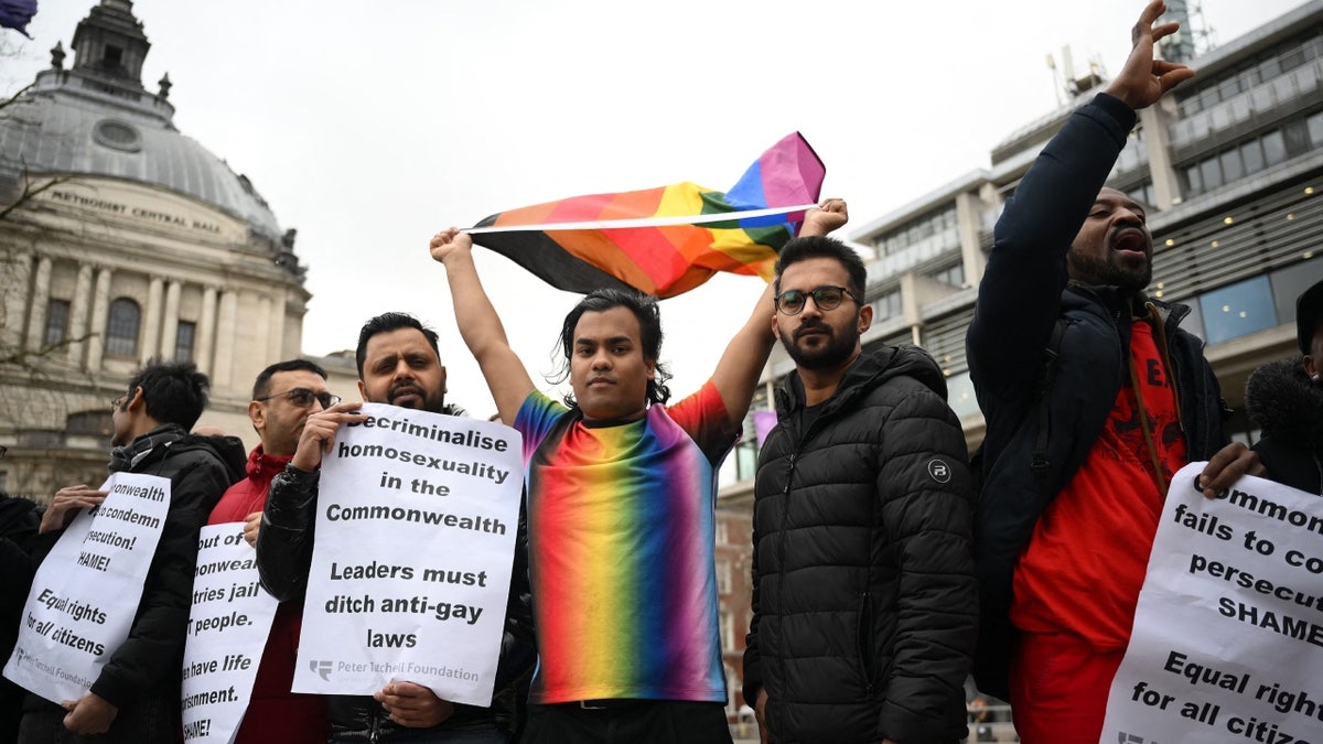 Protesters demonstrating for LGBTQ rights in London