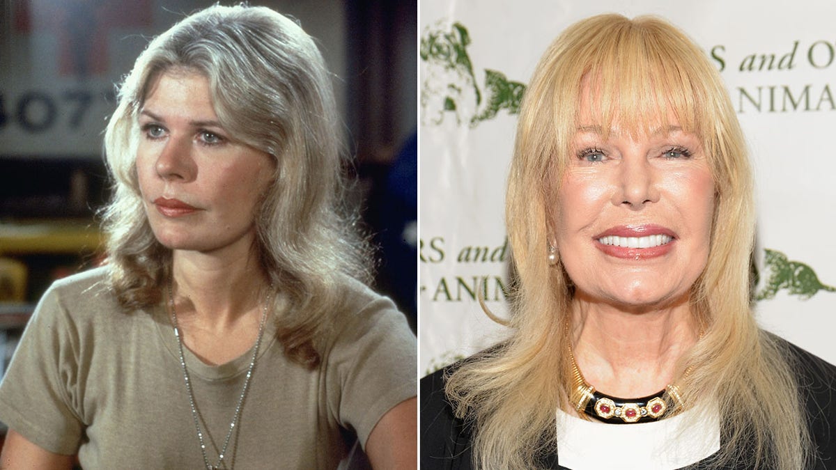 Split screen of Loretta Swit on M*A*S*H and present day