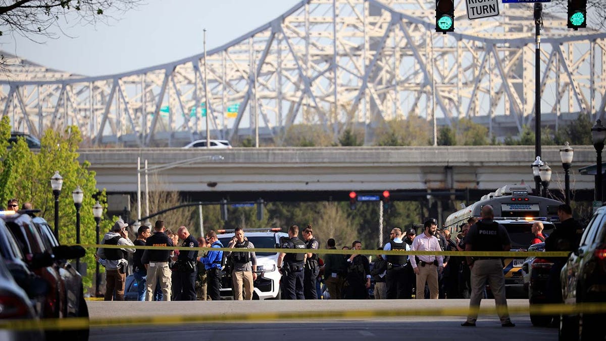 Law enforcement officers respond to an active shooter near the Old National Bank