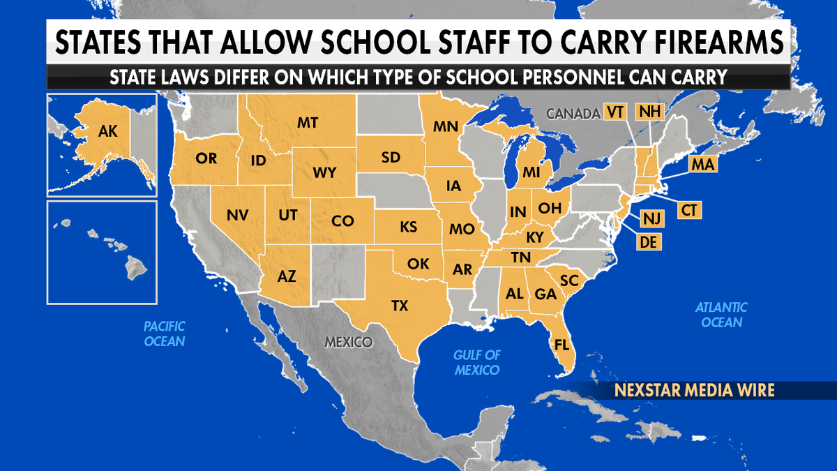 A map highlighting U.S. states that allow school staff to carry guns