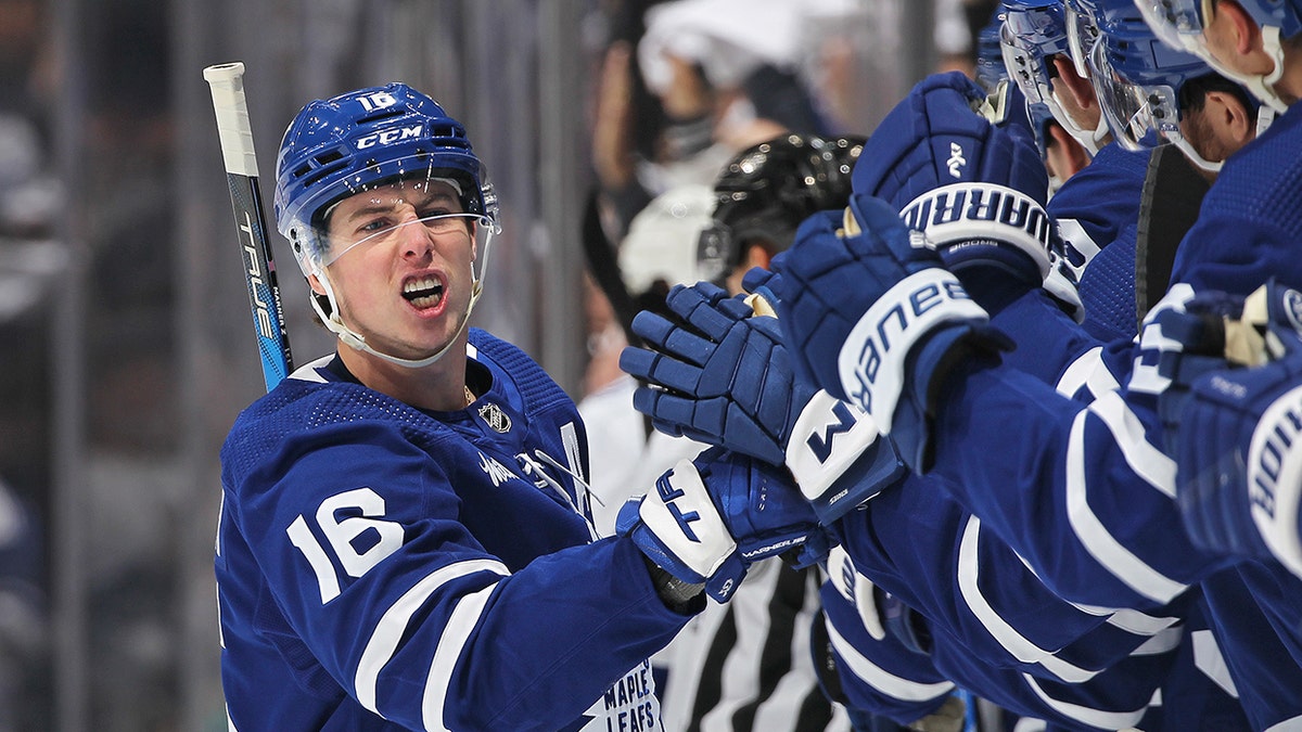 Toronto Maple Leafs' Mitch Marner watches the action from the