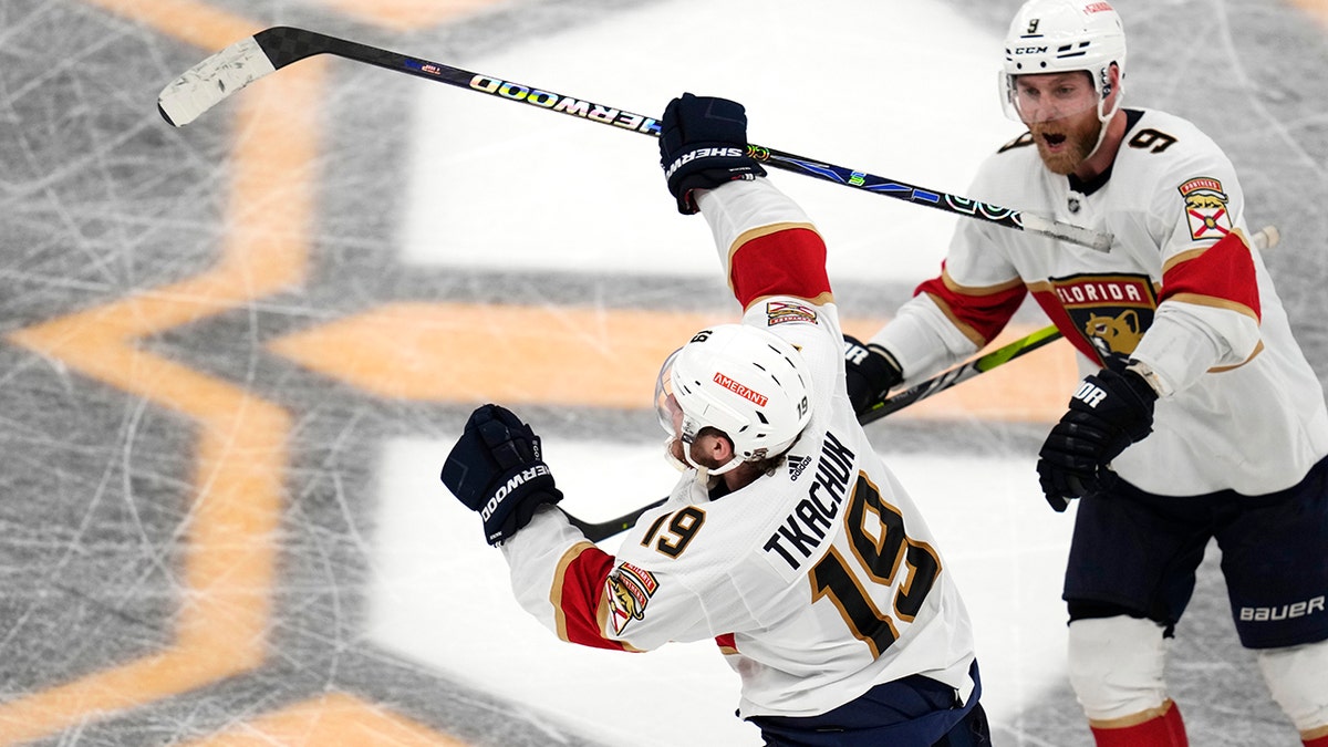 Matthew Tkachuk celebrates