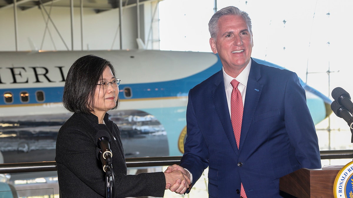 House Speaker Kevin McCarthy shakes hands with Taiwanese President Tsai Ing-wen