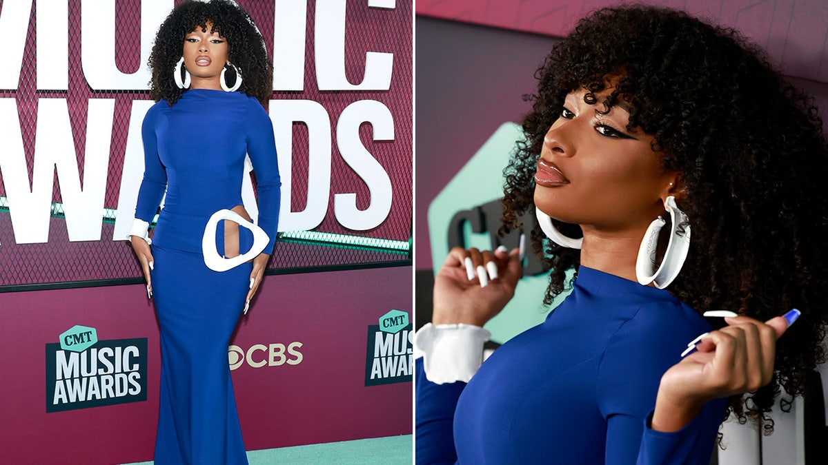 Megan thee Stallion poses on red carpet at the CMT Awards 2023