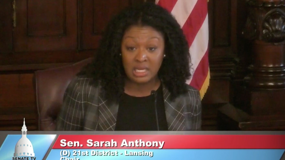 Michigan state Sen. Sarah Anthony, the chair of the Appropriations Committee, speaks during the hearing Thursday.