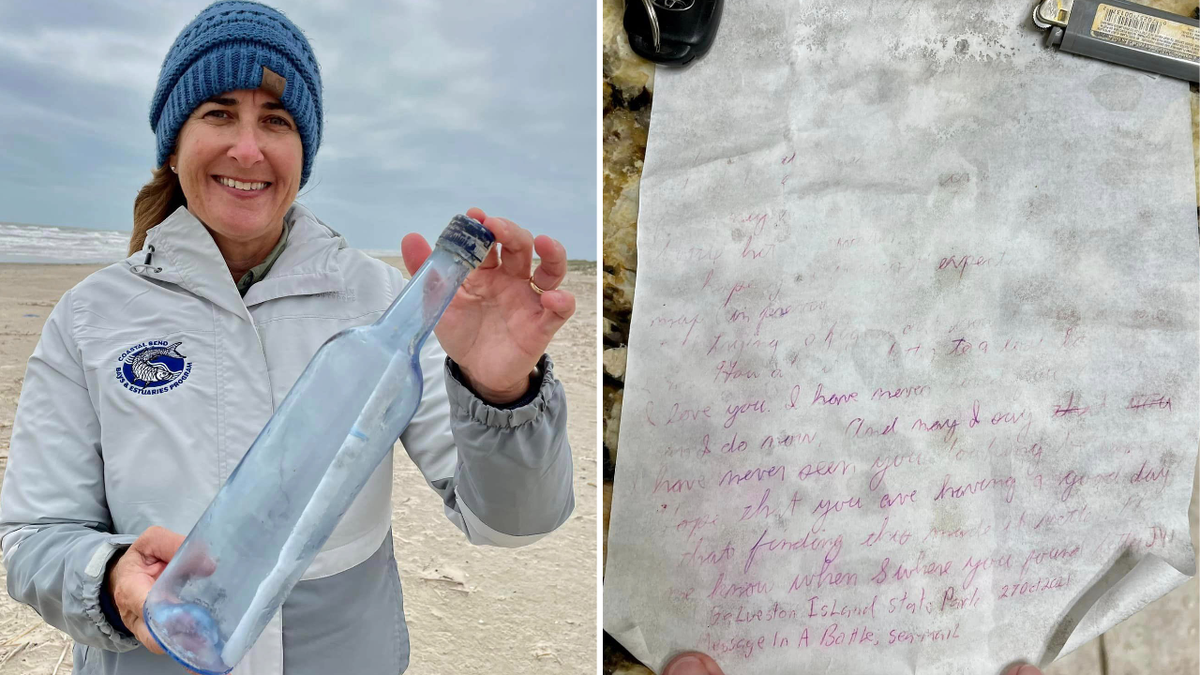 Kathryn Tunnell holds up a clear bottle that contained one of the messages in a bottle that were found on Matagorda Island. The faded letter it held is displayed beside it.