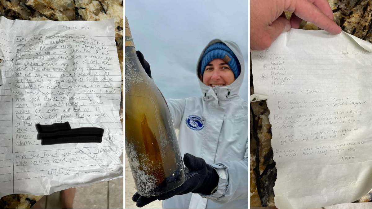 Kathryn Tunnell holds up one of the messages in a bottle that was found on Matagorda Island. Two of the redacted letters are displayed beside it.
