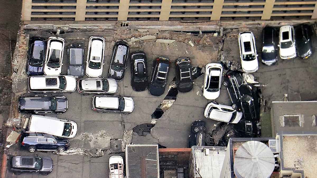 NYC parking garage collapse aerial view