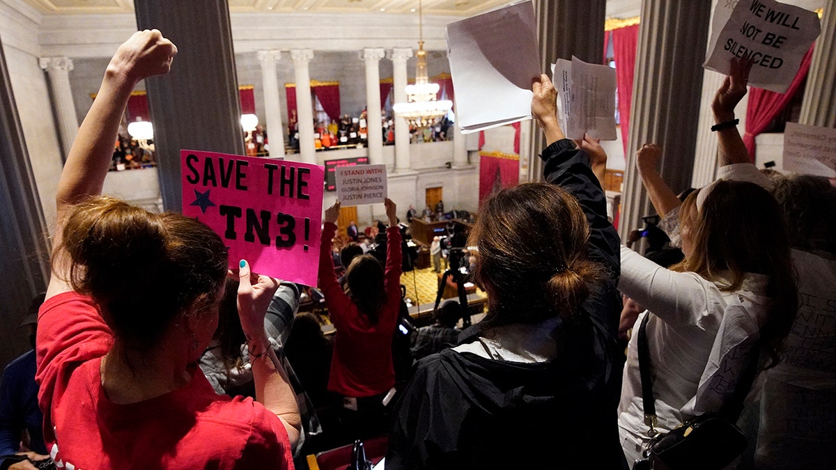 Protesters raise signs in Tennessee House chamber in Nashville