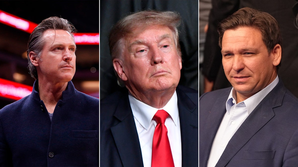 Former President Donald Trump, center, Florida Gov. Ron DeSantis, right, and California Gov. Gavin Newsom, left