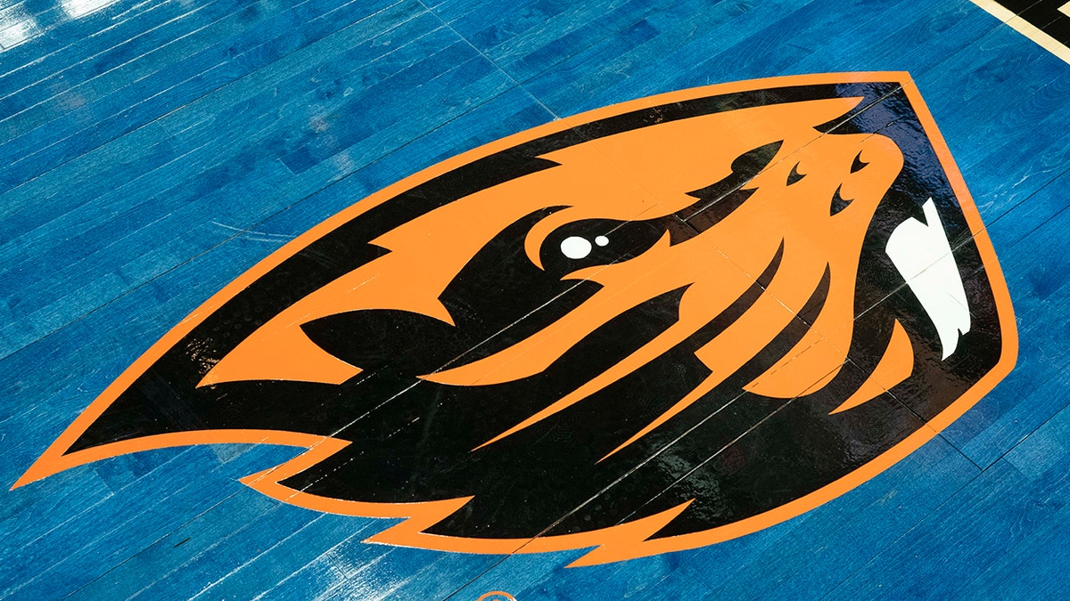 Oregon State logo on basketball court