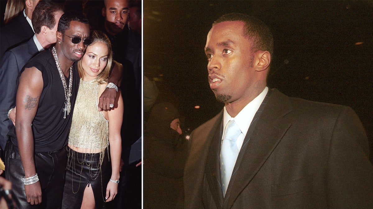 P. Diddy and J. Lo at an MTV event next to a photo of P. Diddy leaving his gun possession trial in NYC.